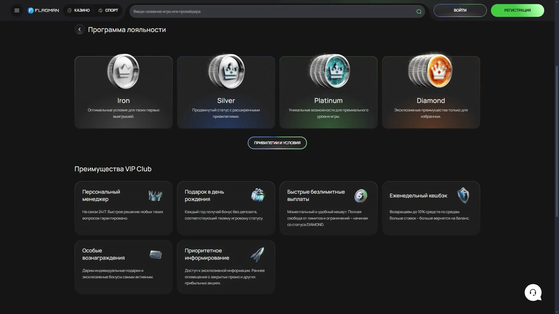 VIP-программа Flagman Casino — уровни Iron, Silver, Platinum и Diamond с привилегиями, кешбэком и персональными бонусами
