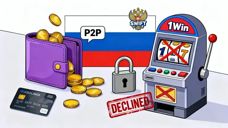 Изображение, отображающее финансовые ограничения и проблемы с депозитами и выводами в казино 1Win, включая заблокированные карты и новые методы P2P-платежей